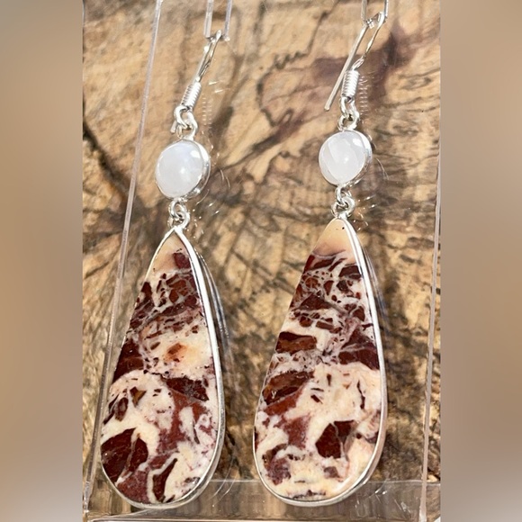 Coconut Jasper & Rainbow Moonstone Earrings 2 1/2” - Picture 2 of 14